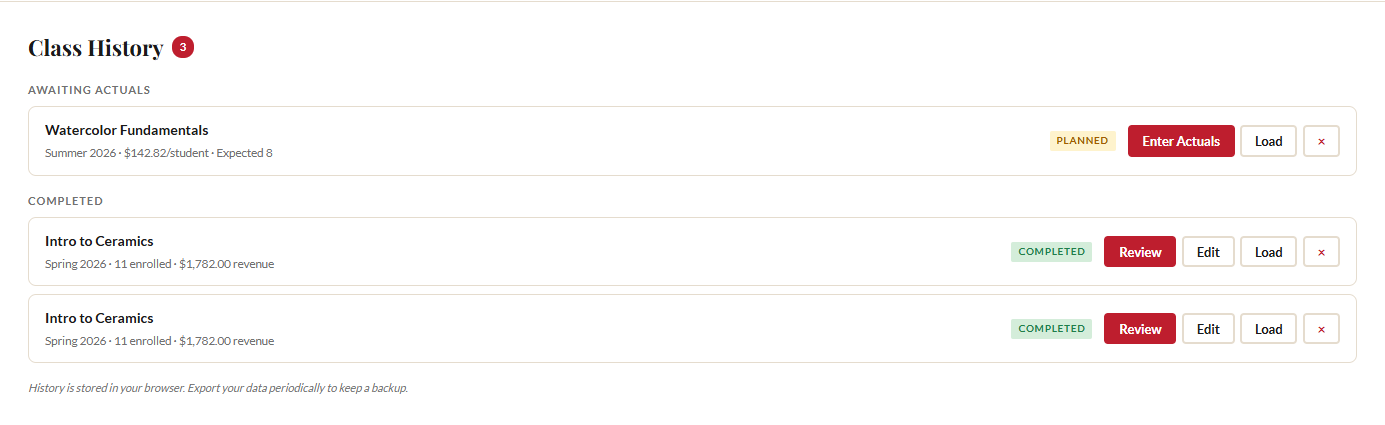 Class History panel showing planned and completed classes