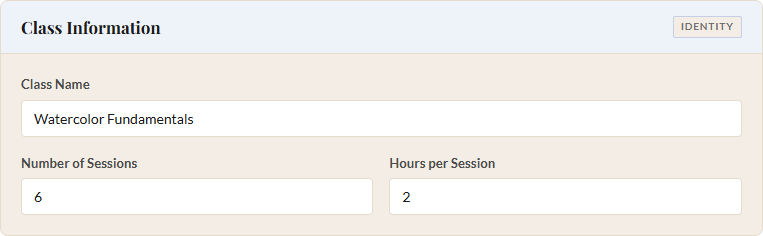 Class Information section with Watercolor Fundamentals entered