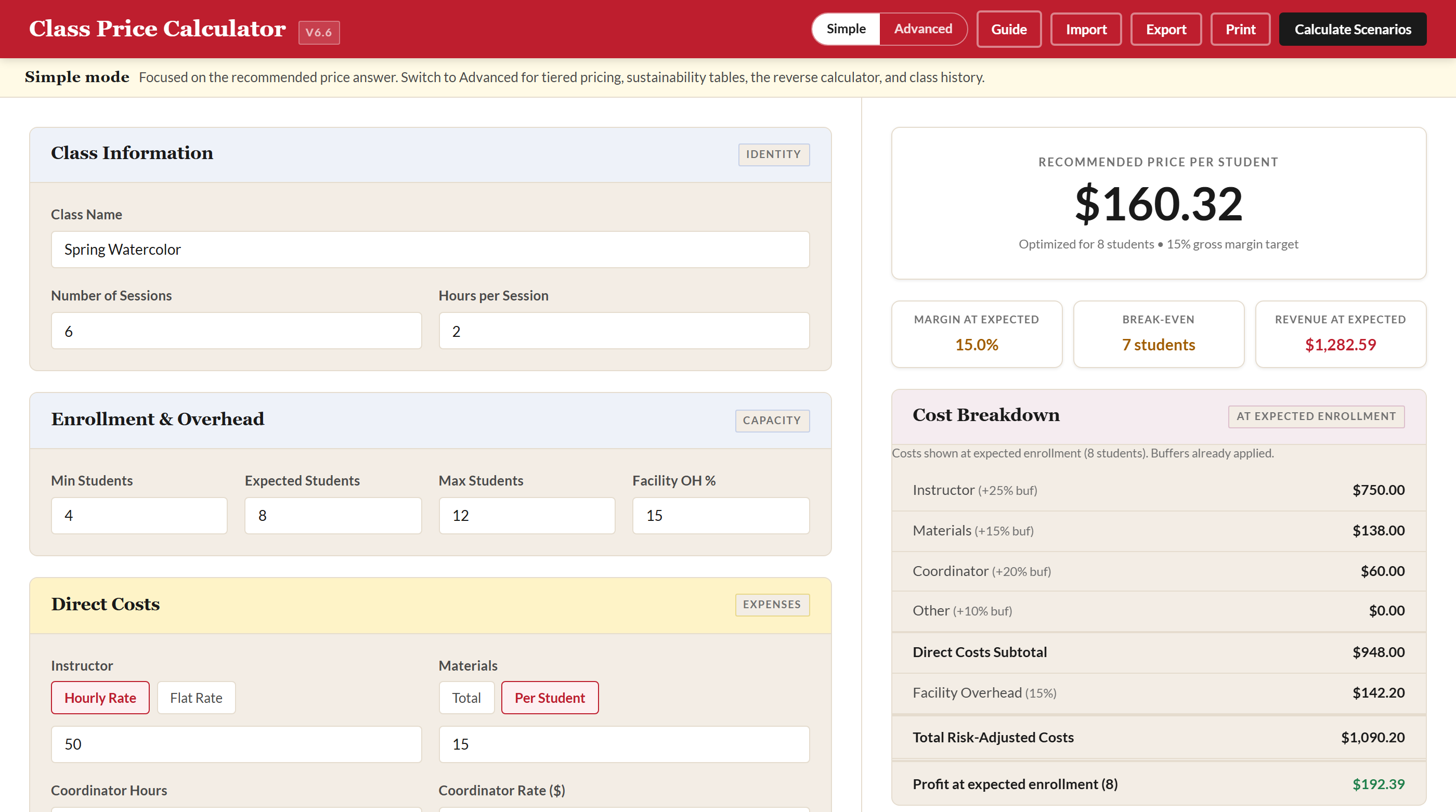 Simple mode showing the focused layout with Class Information, Direct Costs, Target Margin on the left and the recommended price with Cost Breakdown on the right