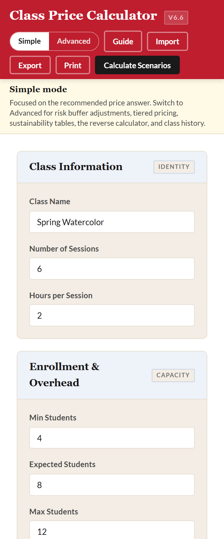 Simple mode on a phone-width screen showing the stacked single-column layout with inputs above and results below