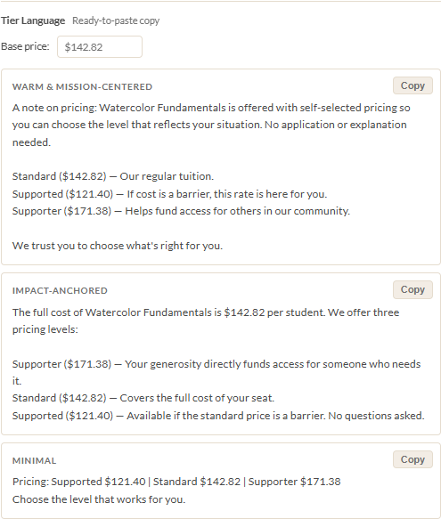 Tier Language section in the results panel with three copy styles