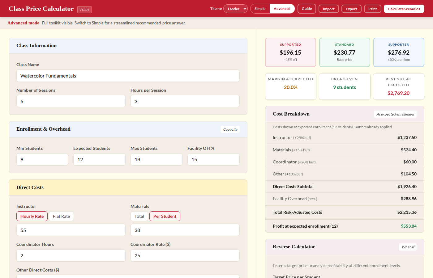 Class Price Calculator | Sustainable pricing for artists & educators